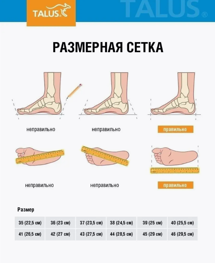 Таблица размеров: Стельки ортопедические Talus 92, 93, 29К