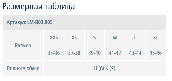 Таблица размеров: Обувь домашняя Luomma